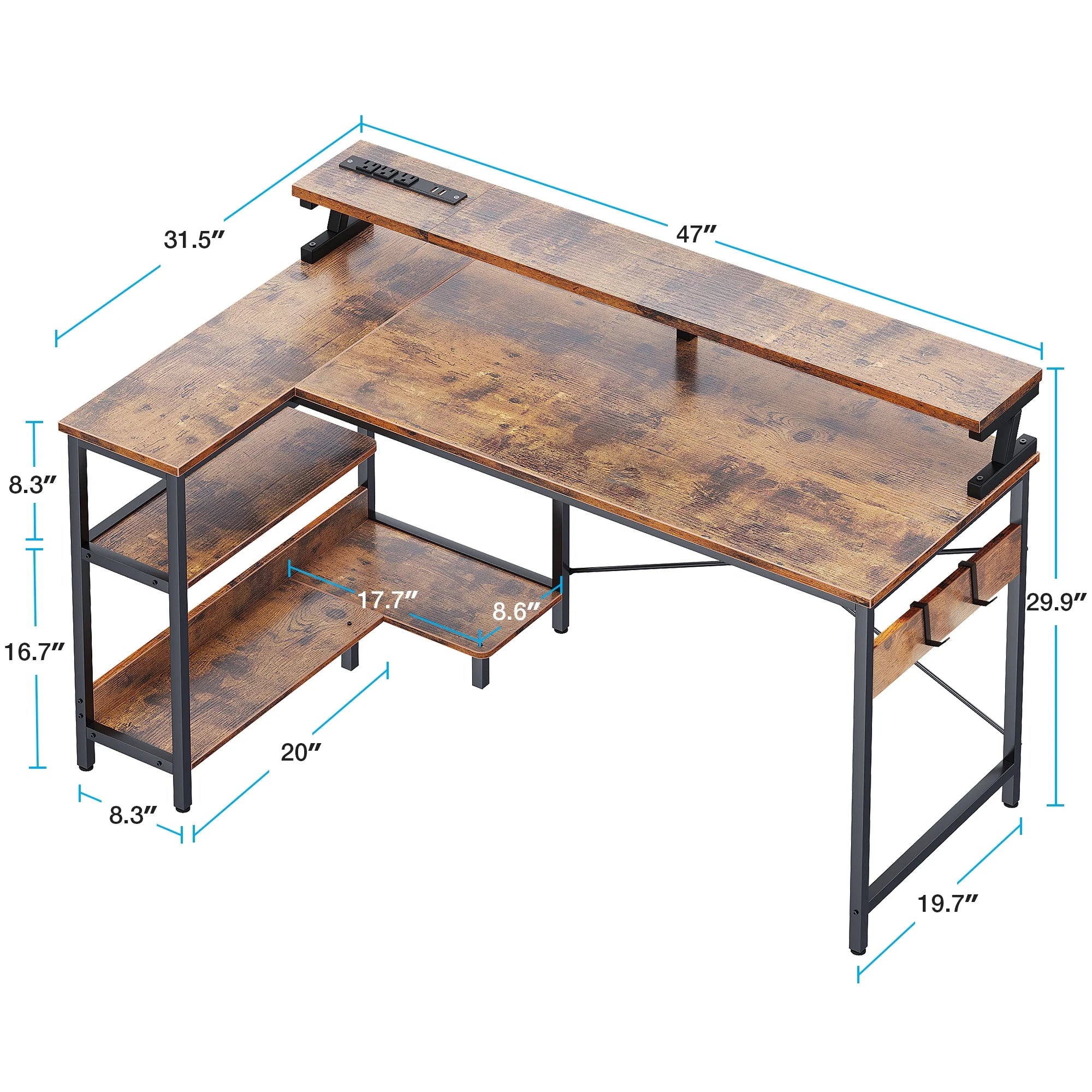 48 Inch Reversible L Shaped Gaming Desk with LED Lights & Power Outlet, Corner Computer Desk with Storage Shelves & CPU Stand, Home Office Desk with Monitor Shelf, Modern Writing Table, Vintage