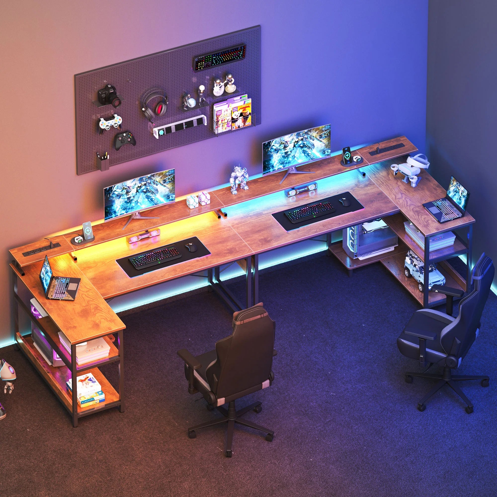 48 Inch Reversible L Shaped Gaming Desk with LED Lights & Power Outlet, Corner Computer Desk with Storage Shelves & CPU Stand, Home Office Desk with Monitor Shelf, Modern Writing Table, Vintage