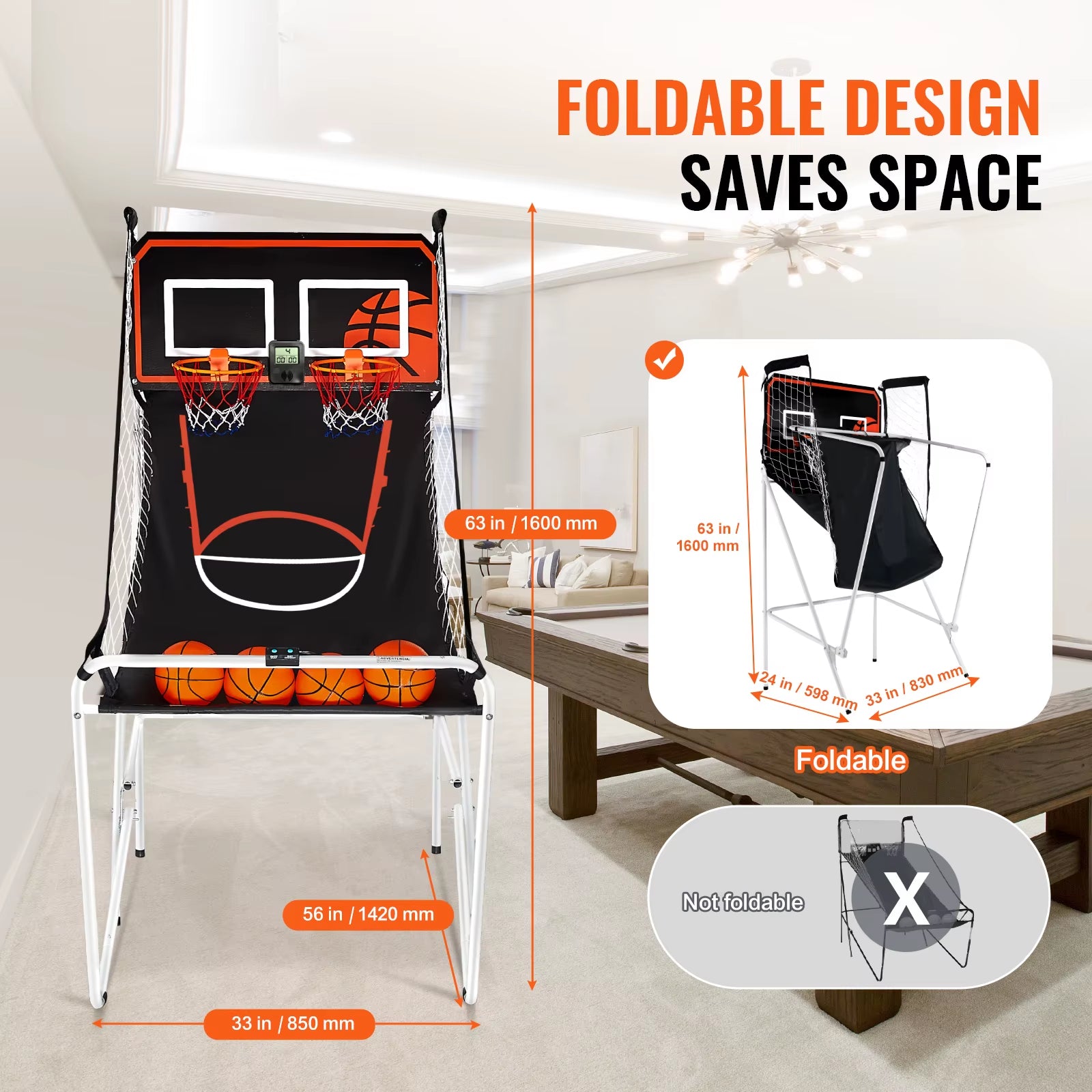 Foldable Basketball Arcade Game 2 Player Indoor Basketball Game Dual Shot Sport W/ 4 Balls 8 Game Modes for Kid Adult