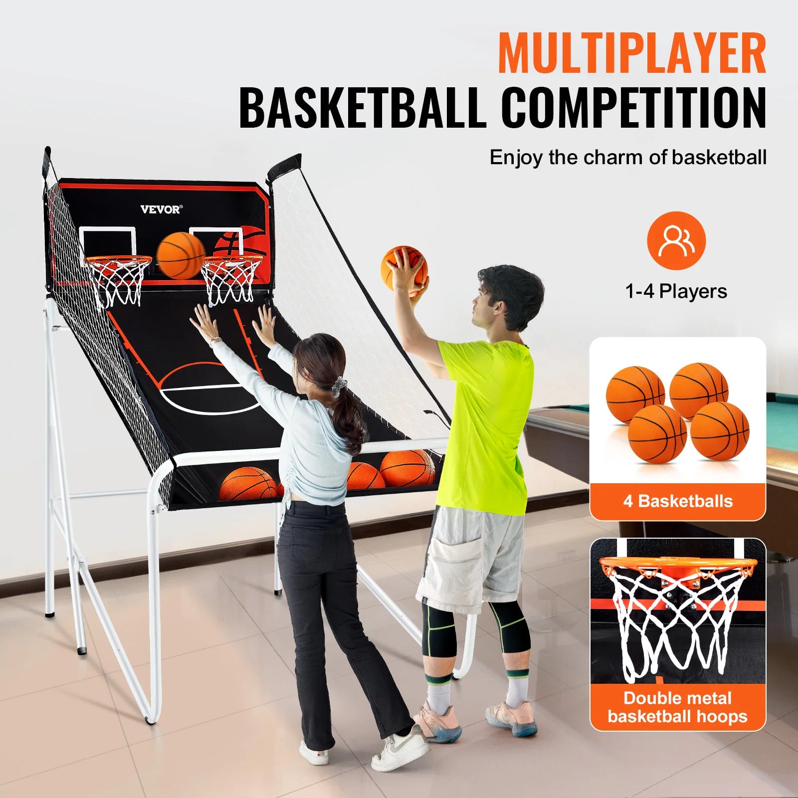 Foldable Basketball Arcade Game 2 Player Indoor Basketball Game Dual Shot Sport W/ 4 Balls 8 Game Modes for Kid Adult