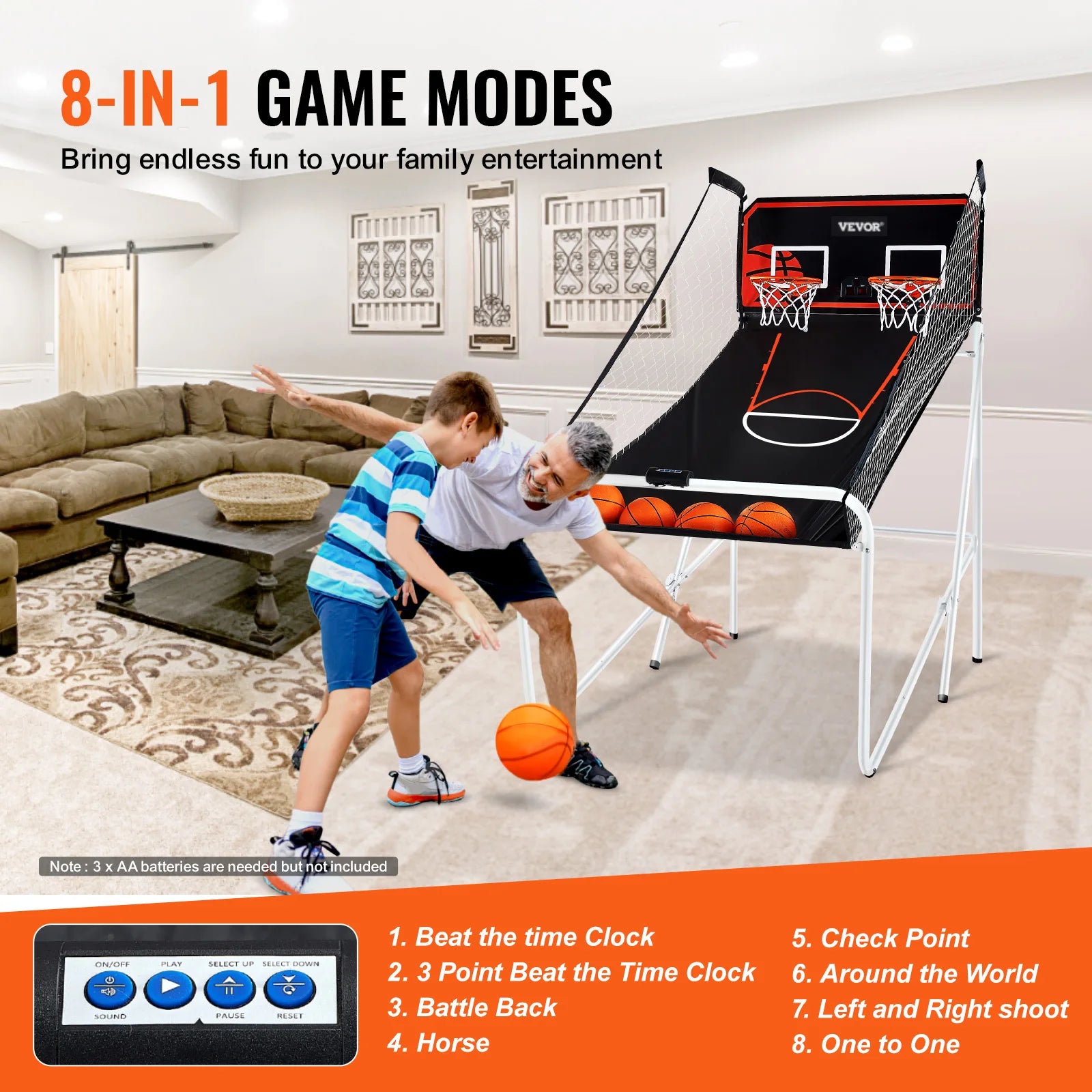 Foldable Basketball Arcade Game 2 Player Indoor Basketball Game Dual Shot Sport W/ 4 Balls 8 Game Modes for Kid Adult