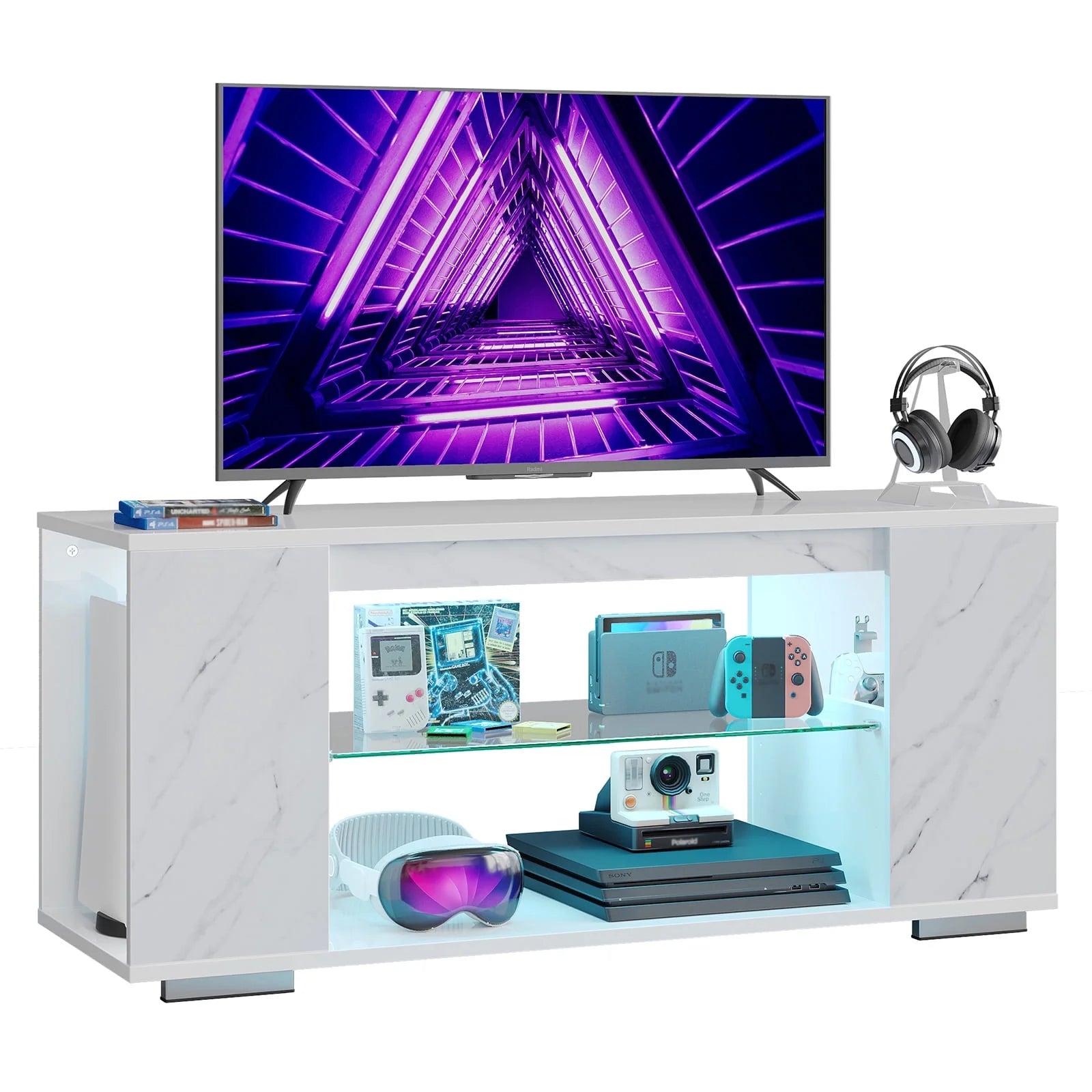 Marble TV Stand for Tvs up to 55",LED Gaming Entertainment Center with Side Bookshelf, Marble White