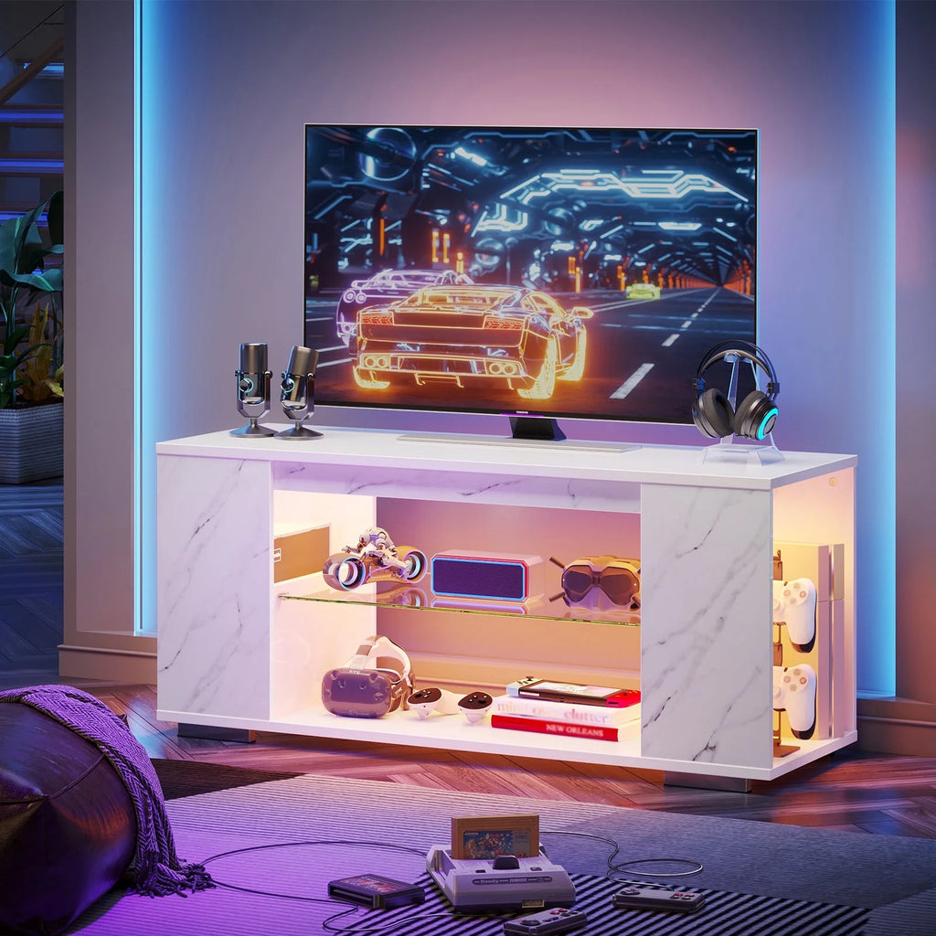 Marble TV Stand for Tvs up to 55",LED Gaming Entertainment Center with Side Bookshelf, Marble White