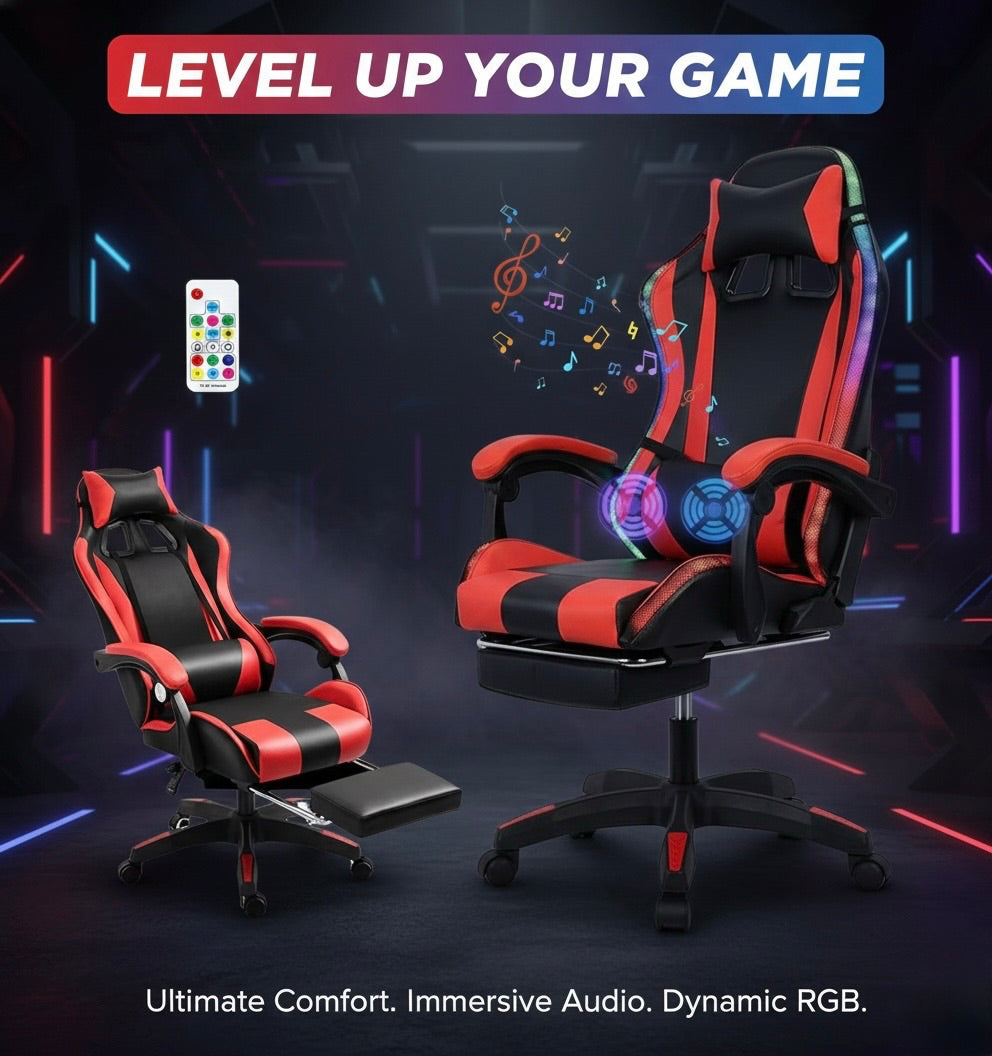 Gaming Chair with Bluetooth Speakers and Led Lights & Massager
