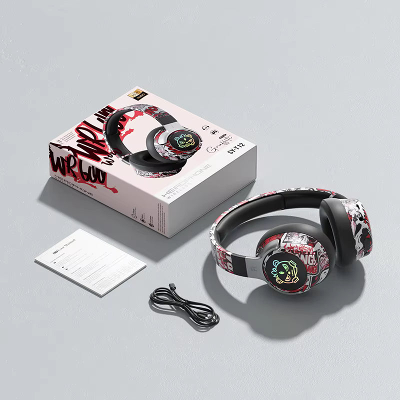 Soyto T12 Wireless Foldable RGB Graffiti Headset Headphone BT5.4 with Mic Stereo Casque Audifonos Auriculares Inalambricos Fone