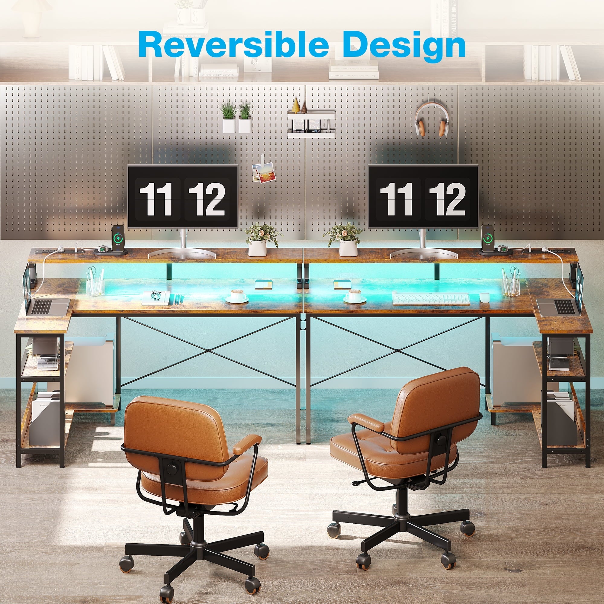 48 Inch Reversible L Shaped Gaming Desk with LED Lights & Power Outlet, Corner Computer Desk with Storage Shelves & CPU Stand, Home Office Desk with Monitor Shelf, Modern Writing Table, Vintage