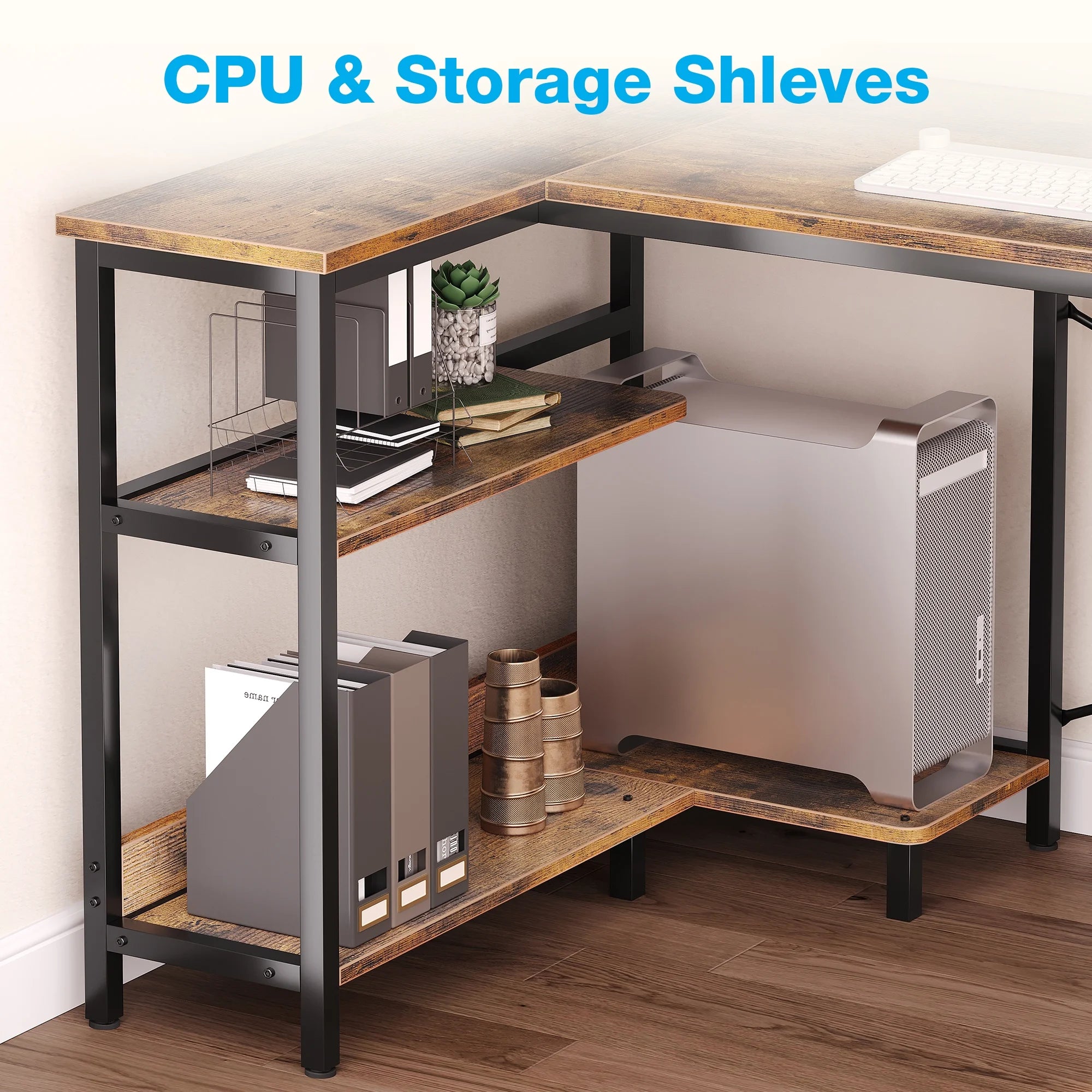 48 Inch Reversible L Shaped Gaming Desk with LED Lights & Power Outlet, Corner Computer Desk with Storage Shelves & CPU Stand, Home Office Desk with Monitor Shelf, Modern Writing Table, Vintage